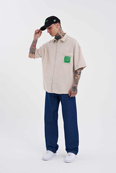 Machinist Ανδρικό πουκάμισο με κέντημα ζιγκ-ζαγκ oversized μπεζ