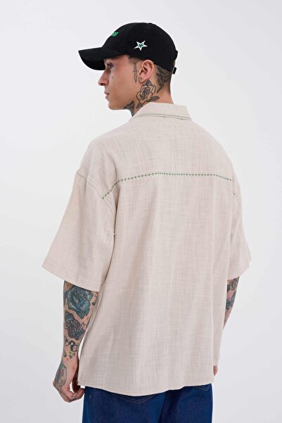 Machinist Ανδρικό πουκάμισο με κέντημα ζιγκ-ζαγκ oversized μπεζ