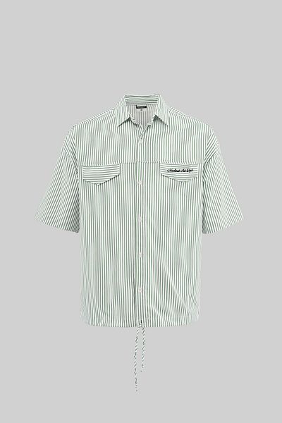Machinist Men's Gathered Hem Green Striped Shirt