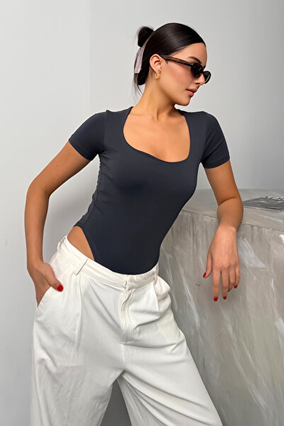 LACHT Women's Anthracite Combed Cotton Square Neck Short Sleeve Snap Fastener Body Suit