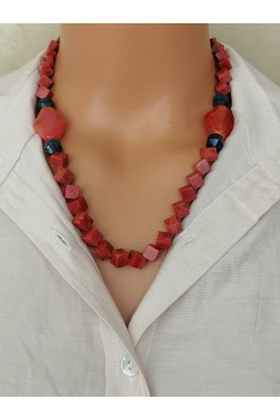 LemaStone Natural Stone Necklace ,Earring Set;Grass Coral,Lapis Lazuli,And Agate Stone
