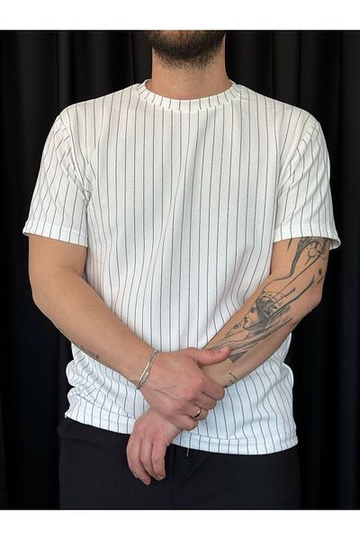 Altamira Men's White Stripe Detailed Crew Neck Crepe T-Shirt