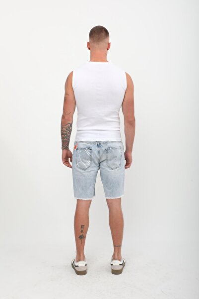 Bluewhite Men's Cut-Out Printed Jeans Shorts Light Blue