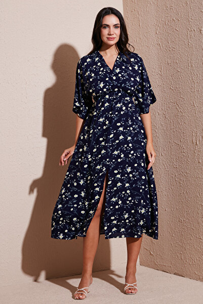 Lela Regular Fit V Yaka Desenli Midi Boy Elbise ELBİSE 67810573