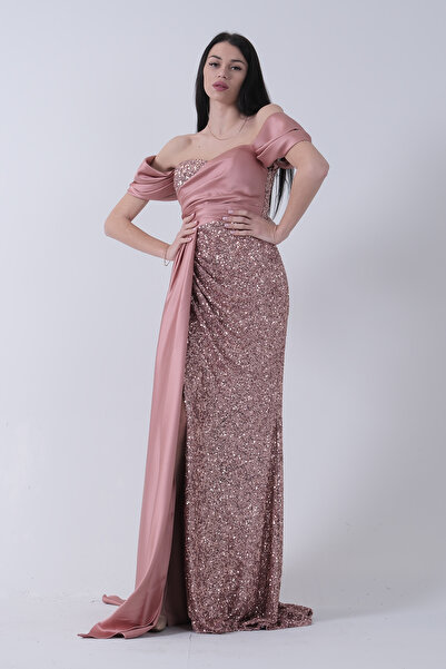 Feminist Sequin Sequin Detailed Slit Evening Dress Copper 9705321