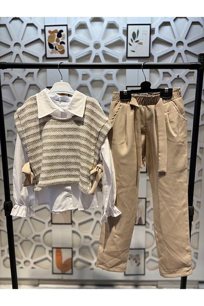 KUMRUNUN DÜNYASI Girl's Ruffled Sleeve Collar Shirt Knitwear Sweater Trousers 3-Piece Top and Bottom Set