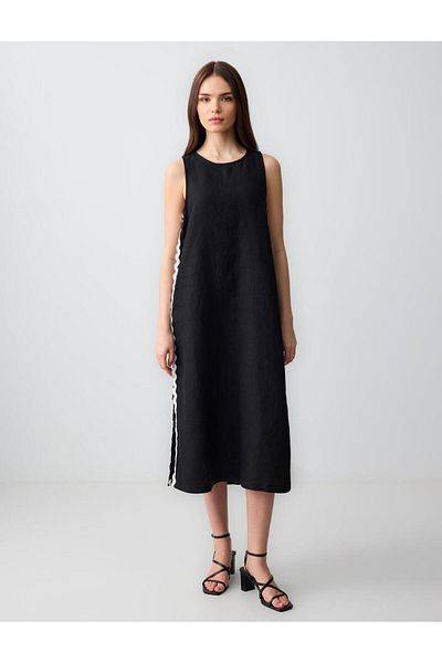 Jimmy Key Black Straight Cut Crew Neck Linen Dress