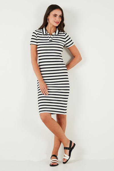 Lela Streç Slim Fit Düğmeli Polo Yaka Kısa Kollu Mini Boy Çizgili Elbise ELBİSE 5866167
