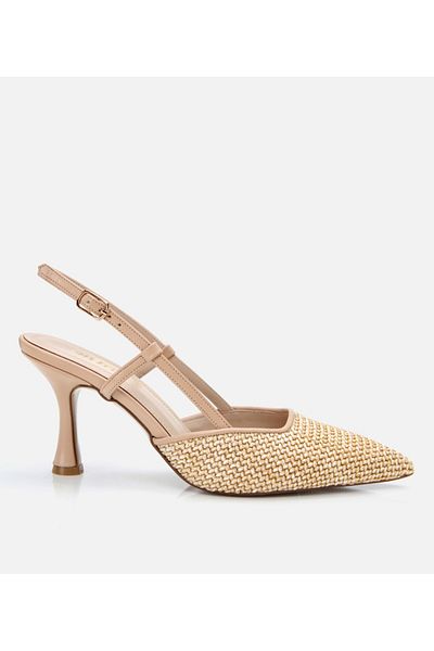 Hotiç Women's Beige Straw Detailed Open Back Stiletto