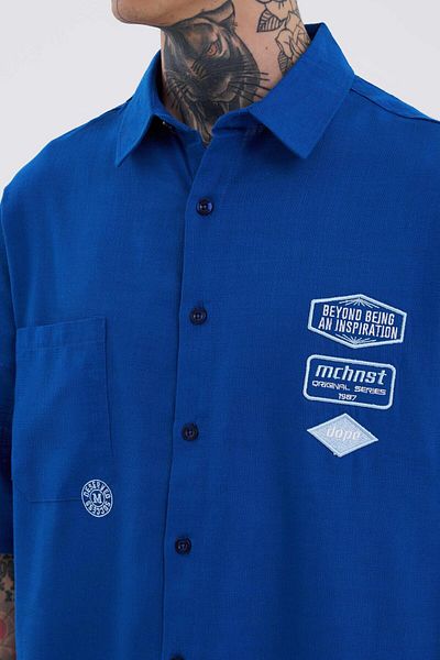 Machinist Men's Basic Embroidered Oversize Navy Blue Shirt