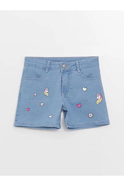 LC Waikiki LCW Kids İndigo Baskılı Kız Çocuk Jean Şort