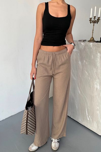 LACHT Women's Brown Summer Palazzo Linen Trousers with Elastic Waist