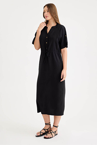Vitrin Long Modal Dress with Tie Waist, Pockets and Epaulets on Sleeves