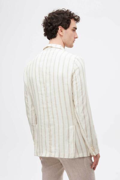 Twn Slim Fit Ecru Dobby 100% Linen Double Breasted Fabric Jacket