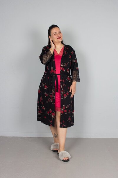 Truva XXL Large Size Sabal Flower Patterned Nightgown Red