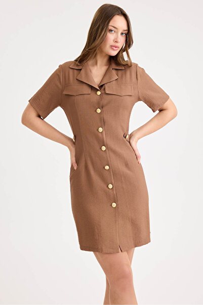 Vitrin Κοντομάνικο Μίνι Φόρεμα με Κάλυμμα Κουμπιού Χρυσό