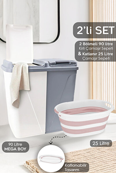Meleni Home 2'li Çamaşır Sepeti Seti - 90 Lt İki Bölmeli Kirli Çamaşır Sepeti...