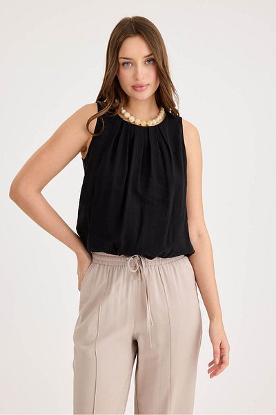 Vitrin Pleated Front Zero Sleeve Skirt Hem Elastic Blouse