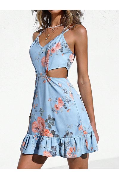 FASHION COCKTAIL Λεπτό καλοκαιρινό φόρεμα διακοπών με διπλό λουράκι, πλαϊνό παράθυρο, φλοράλ βολάν φούστα χωρίς επένδυση