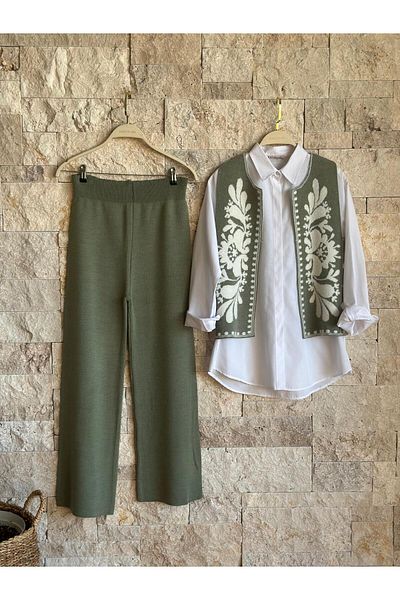 Hatun Atila Patterned Vest Knitwear Double Set - Hatunatila 3005 Green