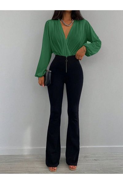 trend henna Women's Long Sleeve Double Breasted Neck Sandy Blouse
