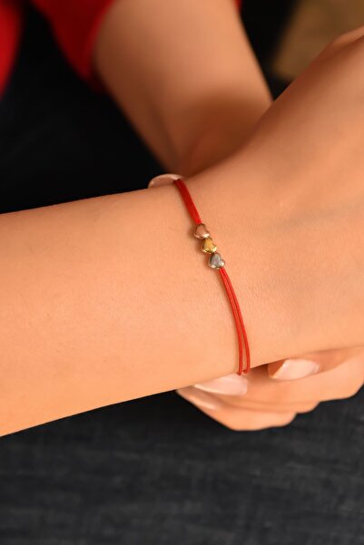 Papatya Silver 925 Ayar Gümüş Kırmızı Ipli Üç Kalp Kadın Bileklik