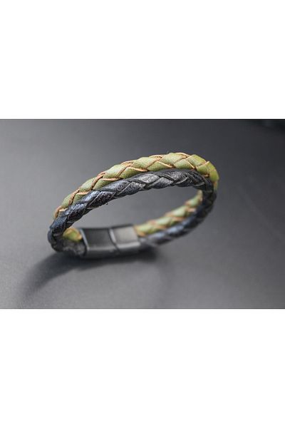 magıcgrange Beige Men's Bracelet - Genuine Leather and Knitted Style