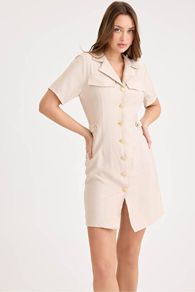 Vitrin Gold Buttoned Short Sleeve Mini Dress with Flap Pockets
