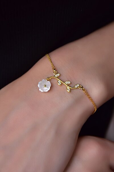 Papatya Silver 925 Ayar Gümüş Gold Kaplama Dallı Sedef Manolya Çiçeği Bileklik