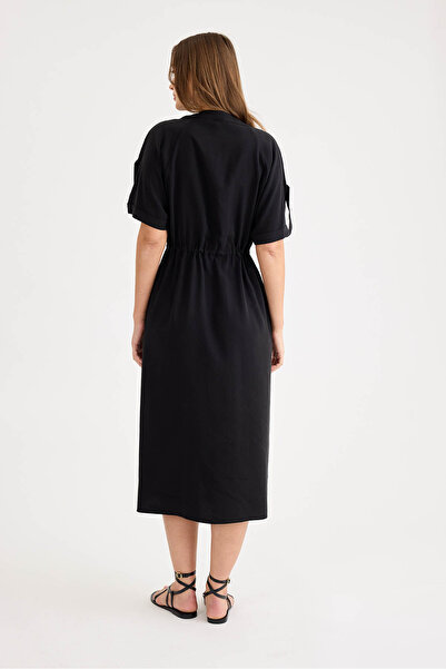Vitrin Long Modal Dress with Tie Waist, Pockets and Epaulets on Sleeves