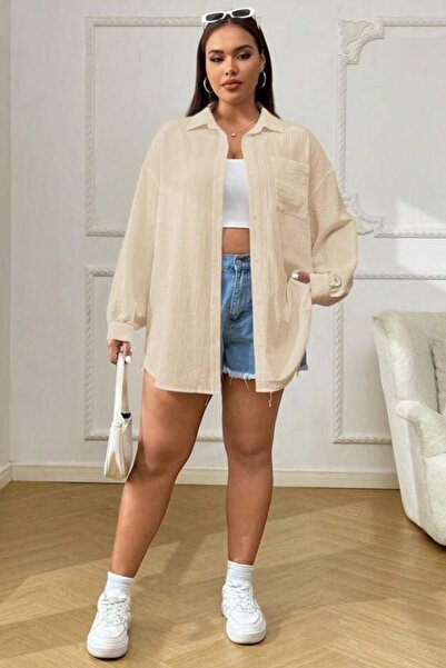 Know Γυναικείο μπεζ πουκάμισο με μονή τσέπη με τυλιγμένο oversize