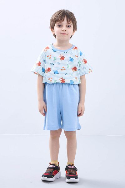 Perendi Costum pentru băieți cu pantaloni scurți - Tricou cu mânecă scurtă cu imprimeu caracatiță și pantaloni scurți albaștri - Set de vară