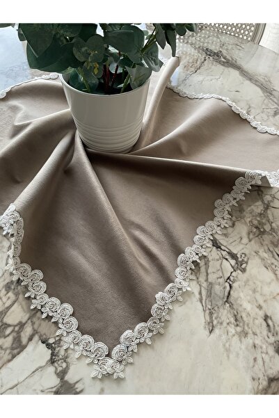 Hyatt Concept Fransız dantelli vizon rengi kadife kare örtü/ runner