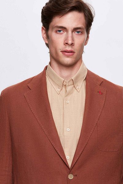 D'S Damat Regular Fit Cinnamon Plain 100% Linen Fabric Jacket