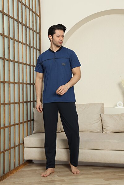 MODAREYA Kısa Kollu İndigo Renk Yakası Düğmeli Nakışlı Erkek Pijama Takımı