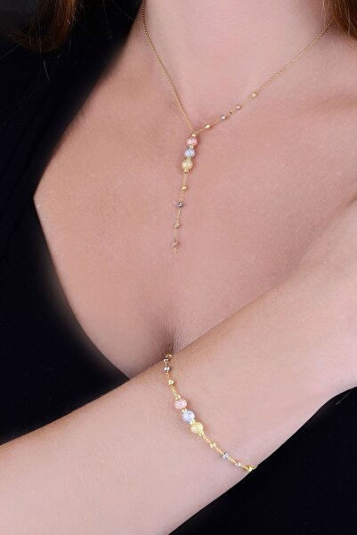 Papatya Silver 925 Ayar Gümüş Üç Renk Sim Dorika Toplu Kolye Bileklik Set