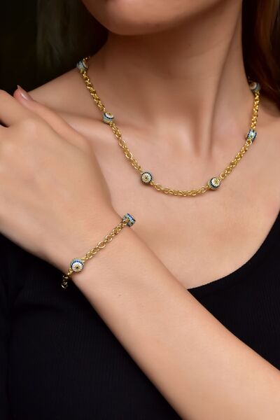 Papatya Silver 925 Ayar Gümüş Altın Kaplama Firuze Nazar Göz Kolye Ve Bilekli...