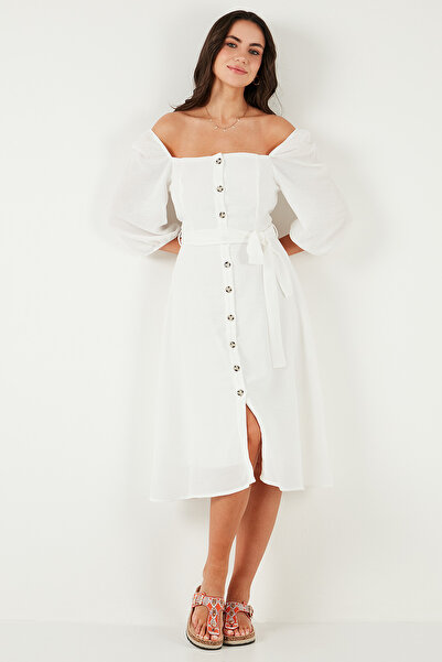 Lela Regular Fit Kare Yaka Düğmeli Midi Boy Elbise ELBİSE 67810197