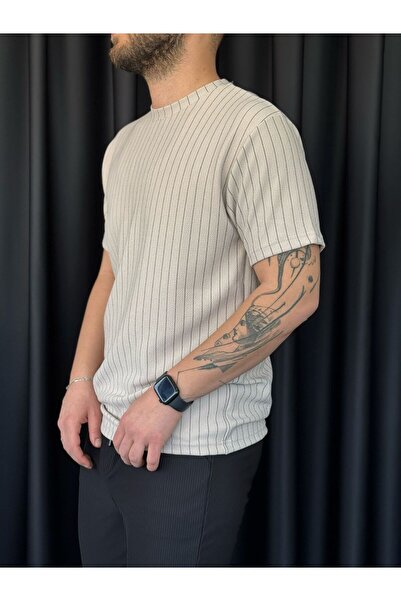 Altamira Men's Beige Stripe Detailed Crew Neck Crepe T-Shirt