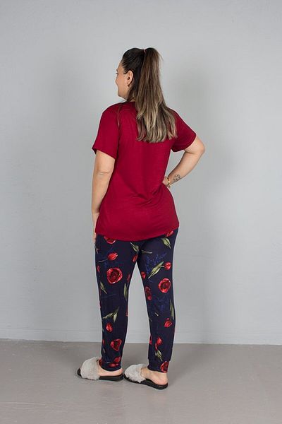Truva XXL Large Size Bottom Floral Patterned Top Burgundy Pajama Suit