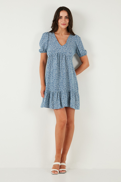 Lela Regular Fit V Yaka Balon Kol Desenli Mini Elbise ELBİSE 67810045
