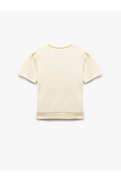 Koton Bow Detailed Crew Neck Short Sleeve Tweed Blouse