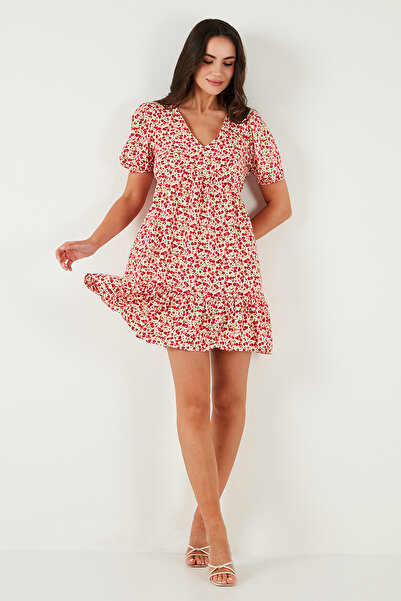 Lela Regular Fit V Yaka Balon Kol Desenli Mini Elbise ELBİSE 67810045