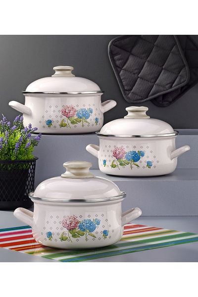 Bonera Enamel Cream 6 Piece Cookware Set - Hydrangea Decorated