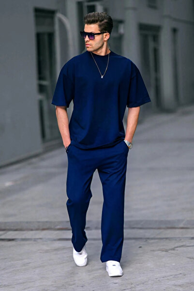 YAKAMEL Men's Navy Blue Summer Crew Neck Oversize Tracksuit Set
