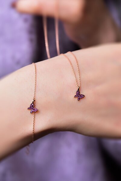 Papatya Silver 925 Ayar Gümüş Rose Kaplama Fuşya Zirkon Taşlı Mini Kelebek Ko...