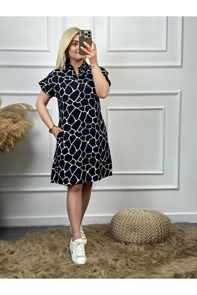 MELTEM TUĞAN Gömlek Yaka Desenli Aerobin Keten Elbise SİYAH