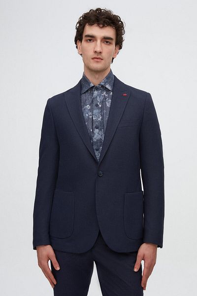 Twn Slim Fit Navy Blue Dobby Flying Blazer Fabric Jacket