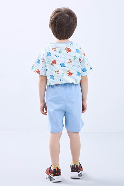 Perendi Costum pentru băieți cu pantaloni scurți - Tricou cu mânecă scurtă cu imprimeu caracatiță și pantaloni scurți albaștri - Set de vară