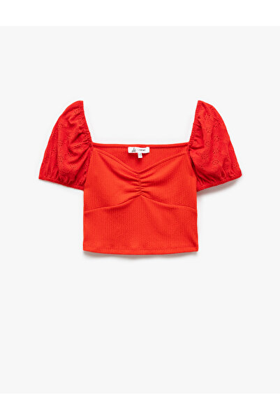 Koton Balloon Sleeve Embroidery Detailed Heart Neck Crop T-Shirt Bürümcük